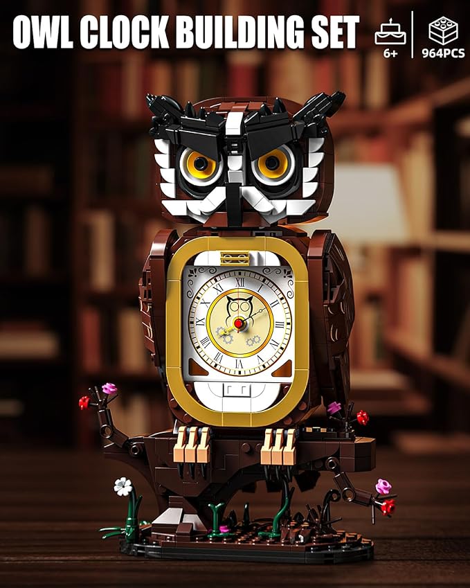 Owl Clock Building Blocks Set, STEM Building Toys with Functional Clock, Collectible Bird Display Model for Home Decor, Christmas Birthday Gift for Adults & Boys 8-14 (964Pcs)