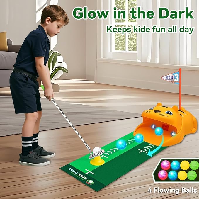 Upgraded Kids Toy Golf Set with Tiger Automatic Returner, Led Light Up Night Golf Balls, 3 Clubs, Putting Mat, 3-8 Toddler Mini Golf Games, Indoor Outdoor Sports Toys for Kids