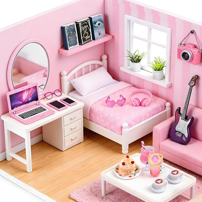 21 Pcs Dollhouse Miniature Laptop Computer Tablet Phone 1/12 1/6 Scale Tiny Book Drinks Guitar Instrument, Doll House Furniture Decor Cake Glasses Coffee Mini Headset, Camera, Potted Plants (Pink)