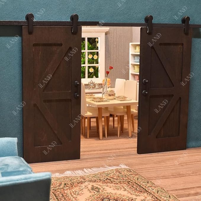 iLAND 1/12 Scale Accessories of Dollhouse Door Miniature Wooden Barn Doors w/Sliding Rods for Dollhouse Décor Doll House Accessories and Furniture Black