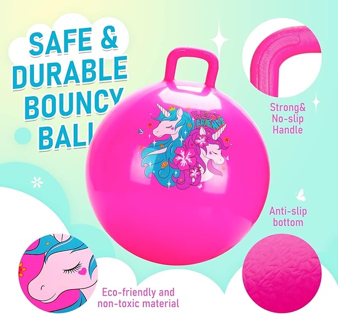 U&C Planet Hopper Ball 18 inches Bouncy Ball with Handle for Kids Age 3-6, Sit on Bounce Jumping Hopping Toy with Pump, Great Toddler Girls Toys for Birthday Gifts, Pink Unicorn