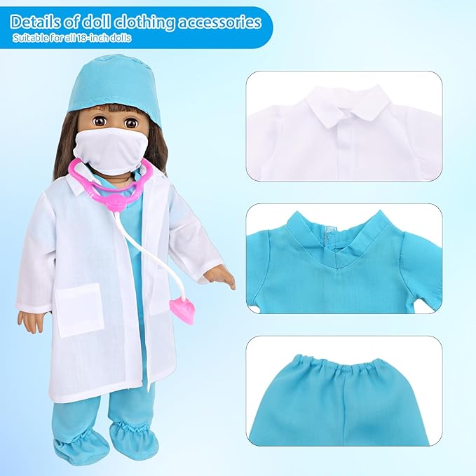 MSYO 18 Inch Doll Doctor Playset-Pretend Play Medical Kit with White Coat,Scrubs & Surgical Tools,Stem Roleplay Costume for Kids Ages 3-12,Fits Most 18-Inch Girl & Boy Dolls(Blue)