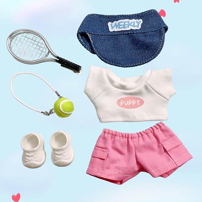 15cm/17cm Doll Sports Wear Outfits Gym Suitable for Labubu Clothes –Stylish Adorable Dolls Accessories for Dressing Up (No Doll Included) (E-Pink Tennis Suit 6-Piece Sets)