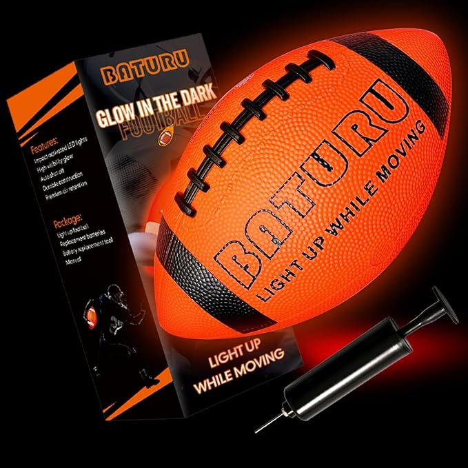 Glow in The Dark Football, Light Up Football, Junior NO 6 - Birthday Easter Stuffers Gifts for Boys Kids Teen Youth 8 9 10 11 12 Year Old, Catch Games in Backyard Camping Beach Outdoor (Orange+Black)