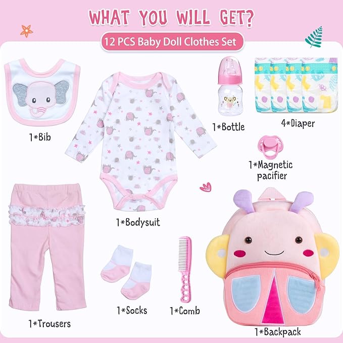 Reborn Baby Doll Clothes for 18-20 Inch Reborn Doll Clothes Accessories Pink Elephant Babydoll Butterfly Diaper Bag Girl 12 Pcs