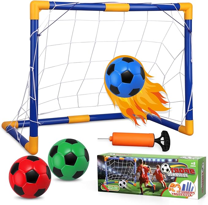 Soccer Goal Set with 3 Ball Pump for Toddler Kid, Portable Goals Training Equipment for Garden Indoor Outdoor Backyard, Birthday Gift for Boy Girl Sports Toy Family Game 23" W×18" H×12" D