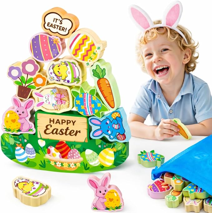 Easter Basket Stuffers Gifts for Kids Toddler Easter Toys 11 Pcs Wooden Stacking Blocks Toy for 3 4 5 6 7 8 9 10 Year Old Boys Girls Kid Balance Competition Games for Ages 5-7 Toddlers Gift