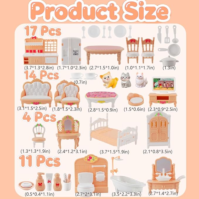 46Pcs Dollhouse Furniture Accessories Set Mini House Furniture Small Dollhouse Miniature Furniture Pretend Play House 1:12 Kitchen Bedroom Livingroom Bathroom Tiny Toy Boy Girl Kid Toddler (B Set)
