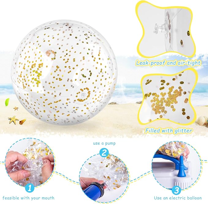 FUTUREPLUSX 16 Inch Glitter Beach Balls, 2PCS Swimming Pool Balls Inflatable Beach Ball with Gold Confetti for Kids Birthday Summer Pool Party