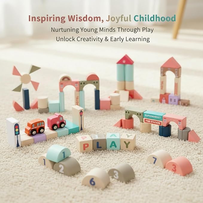 Migargle Wooden Building Blocks Set, City Construction Stacker Stacking Preschool Learning Educational Toys, Toddler Toys for 3+ Year Old Boy and Girl Gifts