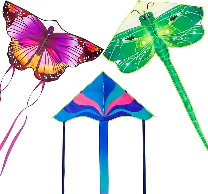 3 Pack Large Kites - Butterfly Delta Dragonfly Kites Easy to Fly for Adults Kids Beach Park Outdoor Game Activities, Gifts for Easter and Festival