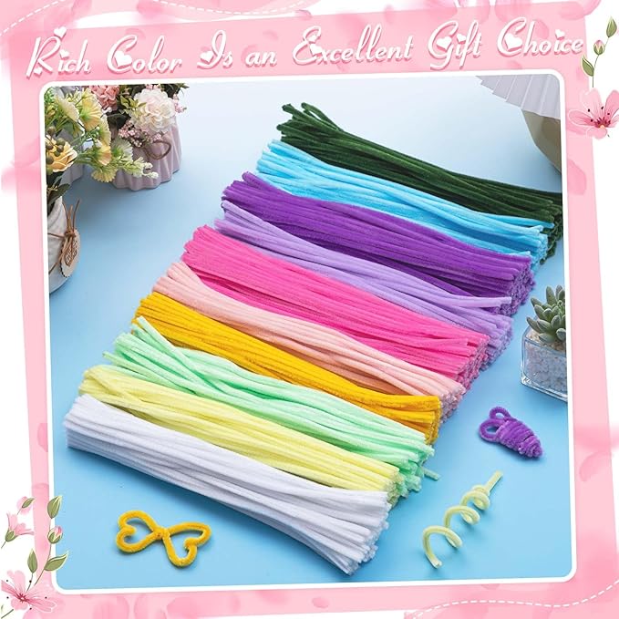 Peryiter 500 Pieces Pipe Cleaners Chenille Stems for Flowers Craft Supplies Bulk Fluffy Fuzzy Sticks for DIY Art Projects Creative Gift Wrapping Party Decorations(Colorful Flowers,12 Inch)