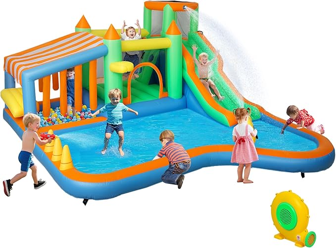 Qaba Inflatable Water Slide with Large Splash Pool, 8 in 1 Bouncy House Water Park with 550W High Power Blower, Ball Pit, Water Cannon, Climbing Wall, Toss Ring, Basketball Hoop