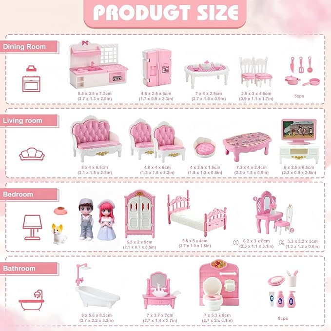 Princess Dollhouse Furniture Set, 48 Piece Luxury Miniature Accessories Collection with Living Room, Bathroom, Bedroom，Kitchen, TV Entertainment Set (Pink)
