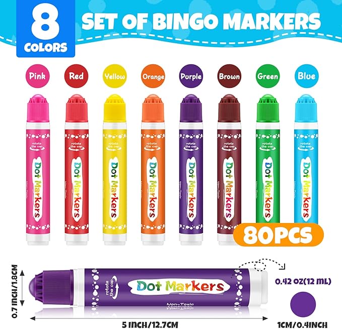 FUMILE 80 Pcs Dot Markers Bulk, 8 Colors Bingo Daubers Bulk for Toddlers,Washable Bingo Markers,Bingo Supplies,Dot Paint for Painting, Drawing Coloring and Art Crafts（10 Boxs）