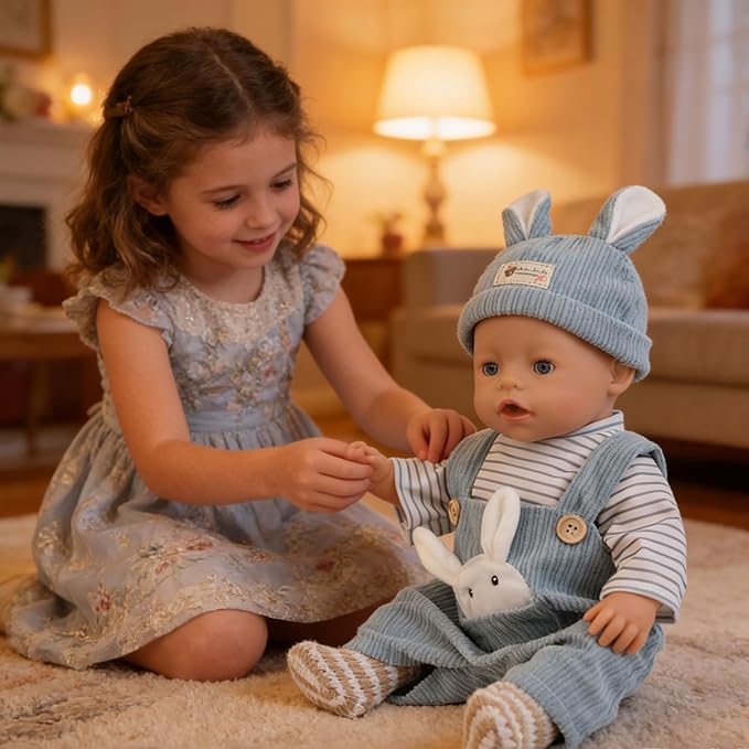 Reborn Baby Doll Clothes Set for 14-18 inch Dolls, Soft Doll Clothes Outfit with Tops, Pants, Rabbite Hat, Socks & 2 Hangers, Accessories for Newborn Reborn Dolls(Not Dolls)