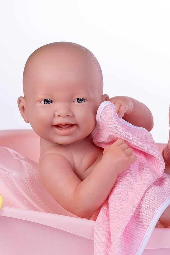 8 piece Layette Deluxe Bathtub Gift Set | JC Toys - La Newborn | 14" Life-Like Smiling Vinyl Newborn Doll w/ Accessories | Pink | Waterproof |Ages 2+