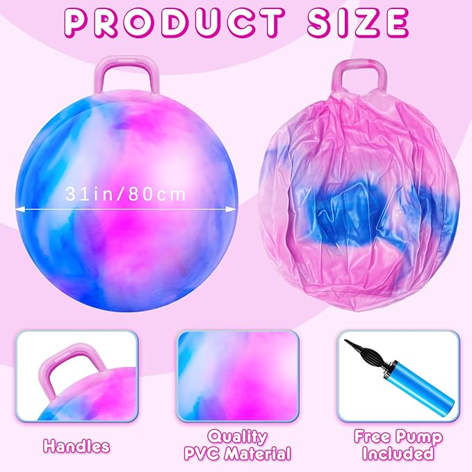 Lewtemi Hopper Ball for Adults, 31 Inch Bouncing Ball Hippity with Handle Rubber Hop, Jumping Hopping Exercise with Air Pump for Outdoors Sports Games Exercise (Blue Pink Cloud)