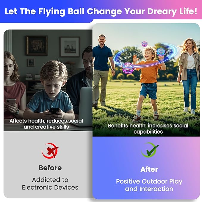 Flying Orb Ball Toy, 2026 Upgrade Hand Controlled Hover Ball with LED Lights,360° Rotating Boomerang Globe Cool Mini Drone, Ideal Birthday&Christmas Gift for Boys Girls-Blue & Purple