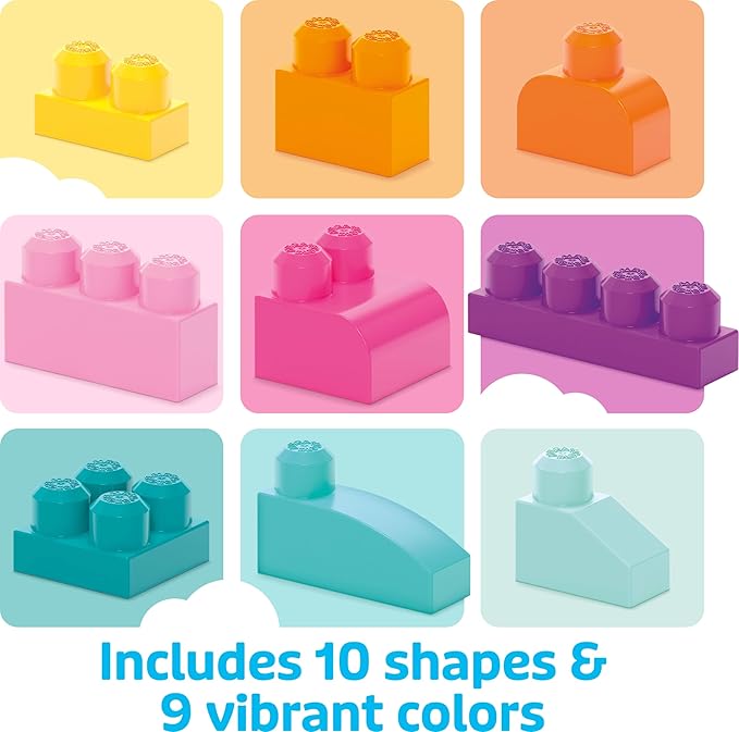MEGA BLOKS First Builders Toddler Blocks Toys Set, Big Building Bag Collection with 80 Pieces and Storage, Pink, Ages 1+ Years