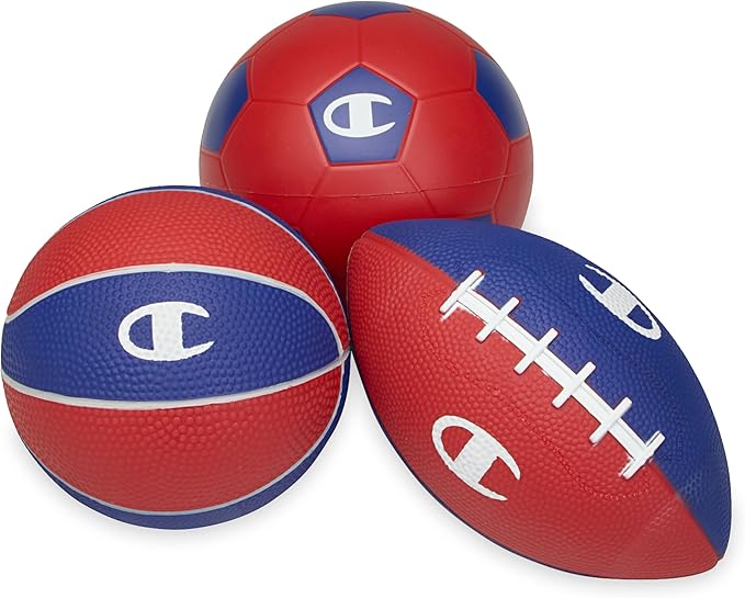 Champion All-Weather Mini Sports Balls (Pack of 3, Classic), Rubber & PVC-Cover Soccer, Basketball & Football, Durable Construction for Backyard, Playground, School, and Indoor Play