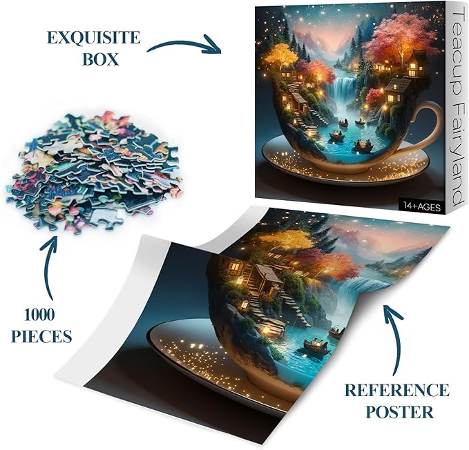 Fantasy Teacup Landscape Puzzles for Adults 1000 Pieces, Magic Starry Night Jigsaw Puzzle, Cottage Waterfall Boat Puzzle