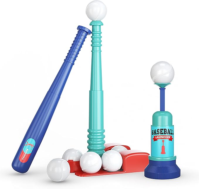 T Ball Stand for Kids and Toddlers 1-3, 3-5, 5-8. Baseball Set Includes 6 Large Balls, an Adjustable Tball Batting Tee, and a Pitching Machine. Kids Bat and Ball, T-Ball Sets for Kids