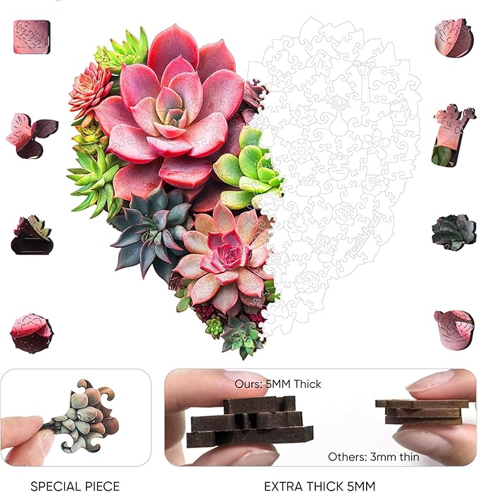 Ruikiyart Wooden Puzzles for Adults,Heart Succulents Flower Jigsaw Puzzles for Adults and Kids,200 Pieces Unique Shaped Wood Plant Puzzles for Kids,Mother's Day Puzzle Gifts Family Games,11.2"x10.8"