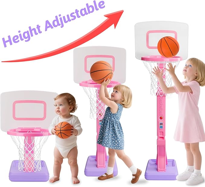 Qirptey Toddler Girl Basketball Hoop Indoor Pink Adjustable Mini Basketball Goal with Ball Pump for Outdoor Poolside Toys Backyard Game Outside Basketball Toy for Kids Age 3-5 6 7 4-8 Birthday Gift