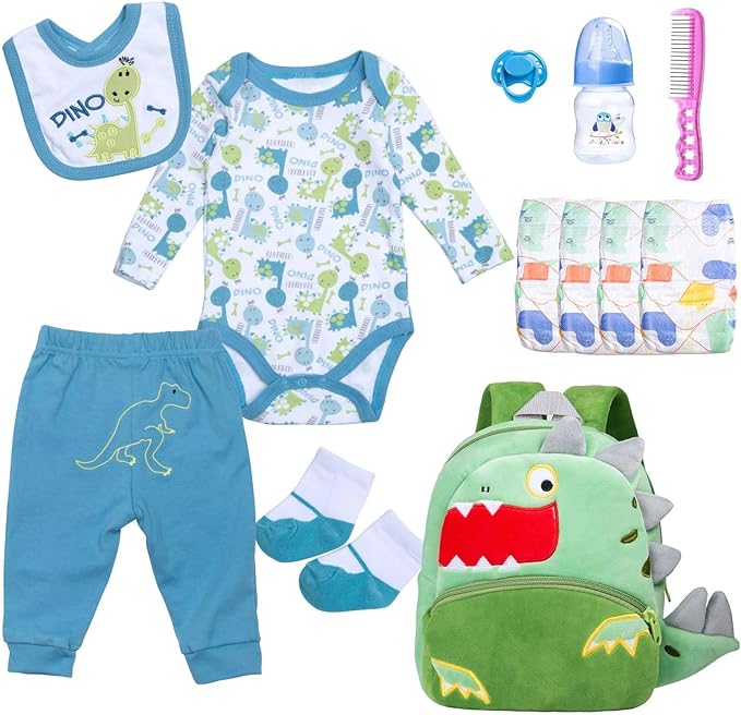 12 Pcs Reborn Baby Doll Clothes Boy Blue Dinosaur Outfit Accessories for 17-22 Inch Reborn Dolls Newborn Baby Boy Clothes Set with Backpack Diaper