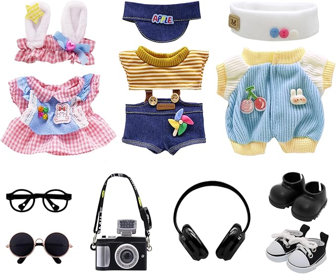 Clothes for Labubu, 9-piece Clothes and Accessories Set Designed for Labubu Doll Clothes, Includes Glasses, Goggles, Boots, Black Canvas Shoes, Headphones, Camera, and Accessories for Labubu - Style B