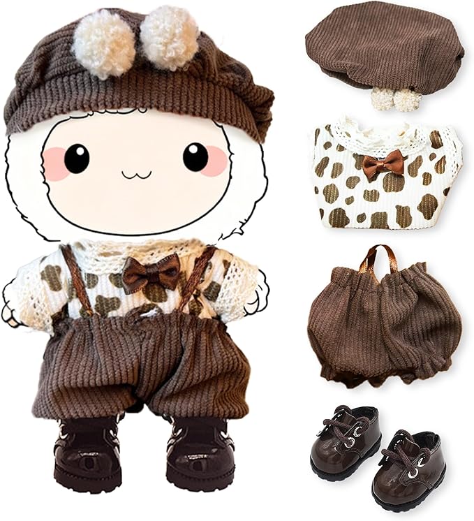 Handmade 17cm Doll Clothes - Cute Styles 15cm/17cm Dolls Outfits, Burgundy Bow - Burgundy Dress - Brown Shoes for Dress Up Gift（Including Shoes） (Brown Suit)