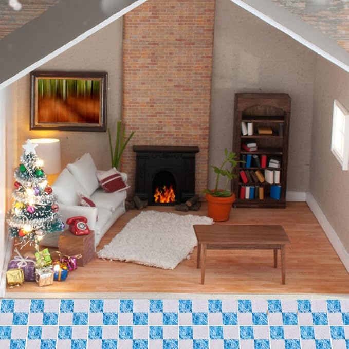 Alasum Miniature Wood Flooring Tiles, 1/12 1/6 Scale Artistic Blue & White Patterned Floorboards, Durable Solid Wood Dollhouse Floor Boards for DIY Scenery Layouts & Model Decor, 18Pcs Set