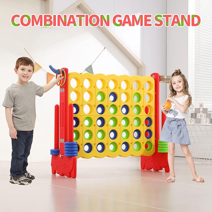 UNICOO Giant 4-in-a-Row Game with Carry Bag, 3-in-1 Jumbo 4-to-Score Outdoor Yard Game with Basketball Hoop, Ring Toss, Quick-Release Slider, 42 Rings, Family Party Game for Kids & Adults