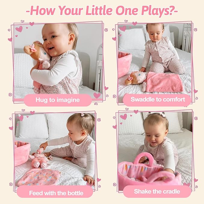 OUOZZZ Baby Doll Accessories with Soft Doll, Bassinet, Blanket and Bottle, Interactive Pretend Playset for Social Emotional Learning, Perfect Birthday Toy & Gift for 2 Year Old Girls