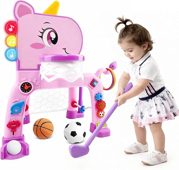 Toddler Basketball Hoop & Soccer Goal Activity Center with Golf Ring Toss, 4 In 1 Toddler Sport Toy with Light & Bilingual Music, Montessori Toy for 1 Year Old Girl Gift (24.2''-27.6'' H)
