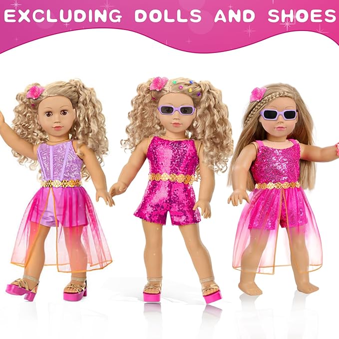 18 Inch Girl Doll Clothes and Makeup Accessories Playset, Included 2 Sets Doll Clothes, Gauze Skirt, Sunglasses, Belt, Stickers, Hair Clips, Bracelets, Eyeshadow, Lipstick, Blush (No Dolls and Shoes)
