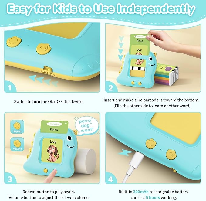 Alotwan Bilingual Talking Flash Cards Spanish/English, Learning Sensory Toys for Autistic Children, 224 Sight Words Español Speech Therapy Kids Toys Beginner, Birthday Gift for Little Boys and Girls
