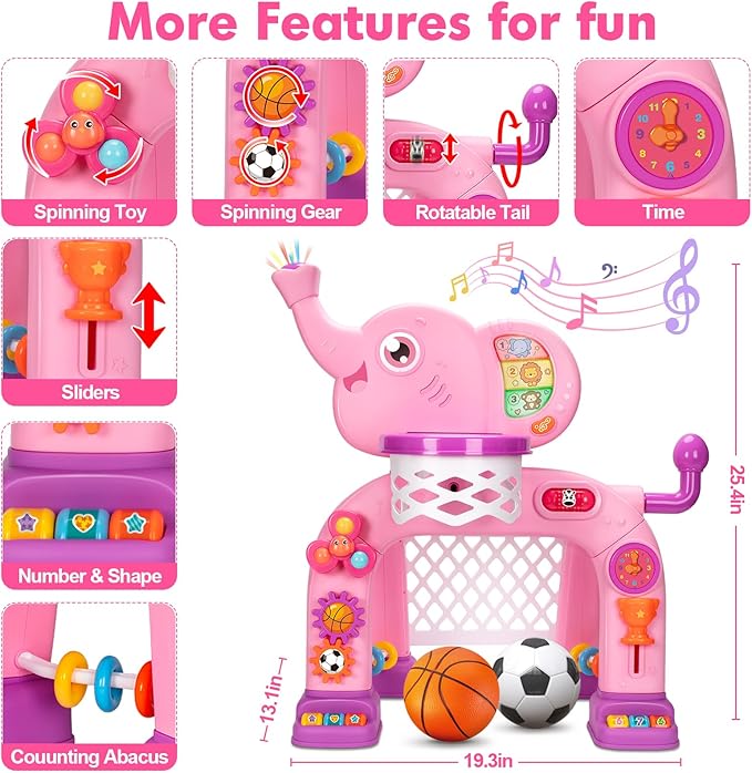 Toddler Basketball Hoop & Soccer Goal, Toys for 1 2 3 Year Old Boys Girls, Kids Sports Toy with Light Sound Music, Montessori Toys for Baby 12-18 Months, Christmas Birthday Gifts for Ages 1-3(Pink）