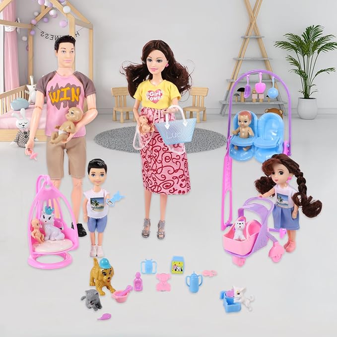 Pregnant Doll with Baby in Tummy, 34PCS Family Dolls Set of 6 People with Pets Included Dad Pregnant Mom 2 Kids Baby Boy and Infants Pregnant Doll Accessories for Aged 3-12 Girls Boys Gift