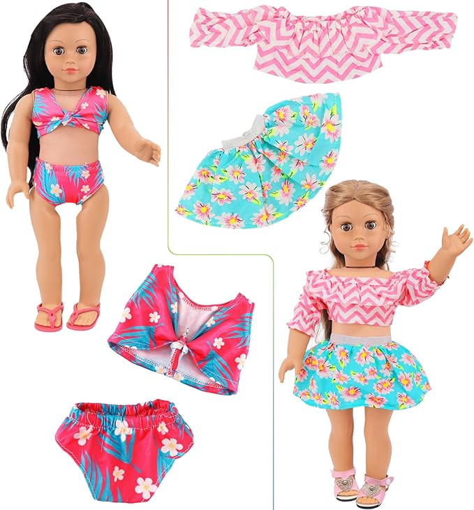 Ecore Fun 10 Sets Doll Clothes for 18 Inch Dolls – 18 pcs Outfits, Dresses, Swimwear, Jumpsuits & Tights | Costume Wardrobe Birthday for Girls