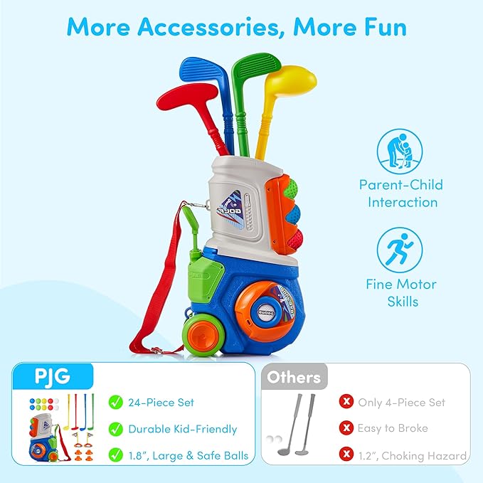PJG Toddler Golf Set, Plastic Kids Golf Clubs Ages 1 2 3 4 5 Years Old with 4 Golf Clubs and 10 Balls, Indoor and Outdoor Golf Toys with Cart for Toddlers Boys and Girls Birthday Gift (Blue)