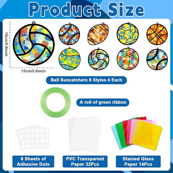 32 Sets Sports Ball Suncatchers Craft Kit DIY Window Stained Glass Effect Football Baseball Basketball Paper Craft Home School Classroom Decoration Kid Birthday Gift Creative Art Project Activity Game