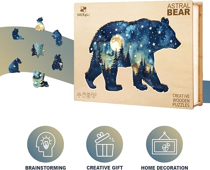 Wooden Puzzles for Adults - Astral Bear Wooden Jigsaw Puzzle - Unique Animal Shaped Wood Puzzles Adult - Christmas Birthday Gifts for Adults/Friends/Family - 100 Pcs 9.1 * 6in
