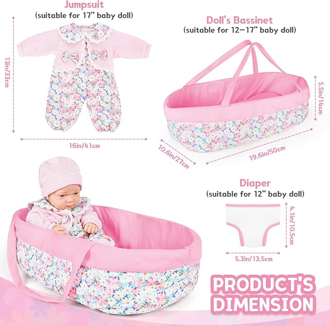 deAO Baby Doll Accessories Set Baby Doll Bassinet for 12-18 Inch Baby Dolls Includes Clothes Carrier Bed Blanket Diapers Pretend Play Set Toys for Kids