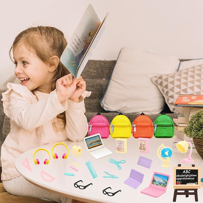 ENOCHT 27 Pcs 11.5 inch Doll School Accessories 4 Doll Backpack Bag with Zipper with Computers, Glasses, Blackboard, 7 Pcs Study Accessories 8 Pcs Stationery Sets 2 headsets