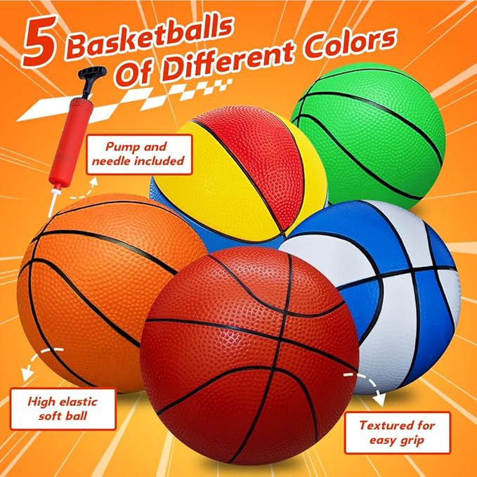 5 Pcs Mini Basketballs Set-7 Inchs Small Basketballs with Pump,Toddler Kids Birthday Gifts,Boys Girls Rubber Ball Over the Door Hoop Replacements,Indoor Outdoor Sports Toys Pool Beach Fun,Party Favors