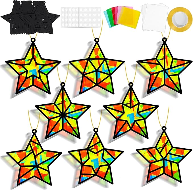 QOUBAI 32 Sets Stars Suncatchers Craft Back to School DIY Stained Glass Window Patriotic 4th of July Paper Craft Home School Classroom Decor Kid Birthday Gift Creative Art Activity Game