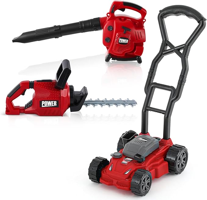 3 Pcs Toy Gardening Tool Set for Kids Toy Leaf Blower Hedge Trimmer Push Lawn Mower Play Set with Lights and Sounds Christmas Birthday Gifts for Boys Girls