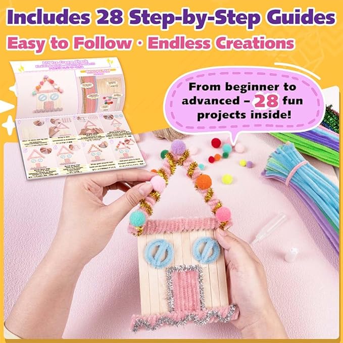 FUNSHOWCASE Craft Box with 1000 Supplies – Pipe Cleaners, Yarn, Pom Poms, Tools